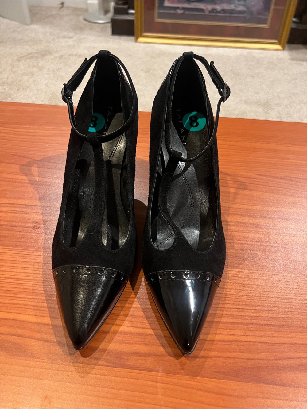 Tahari Black Pointed-Toe T-Strap Ankle-Strap Pumps